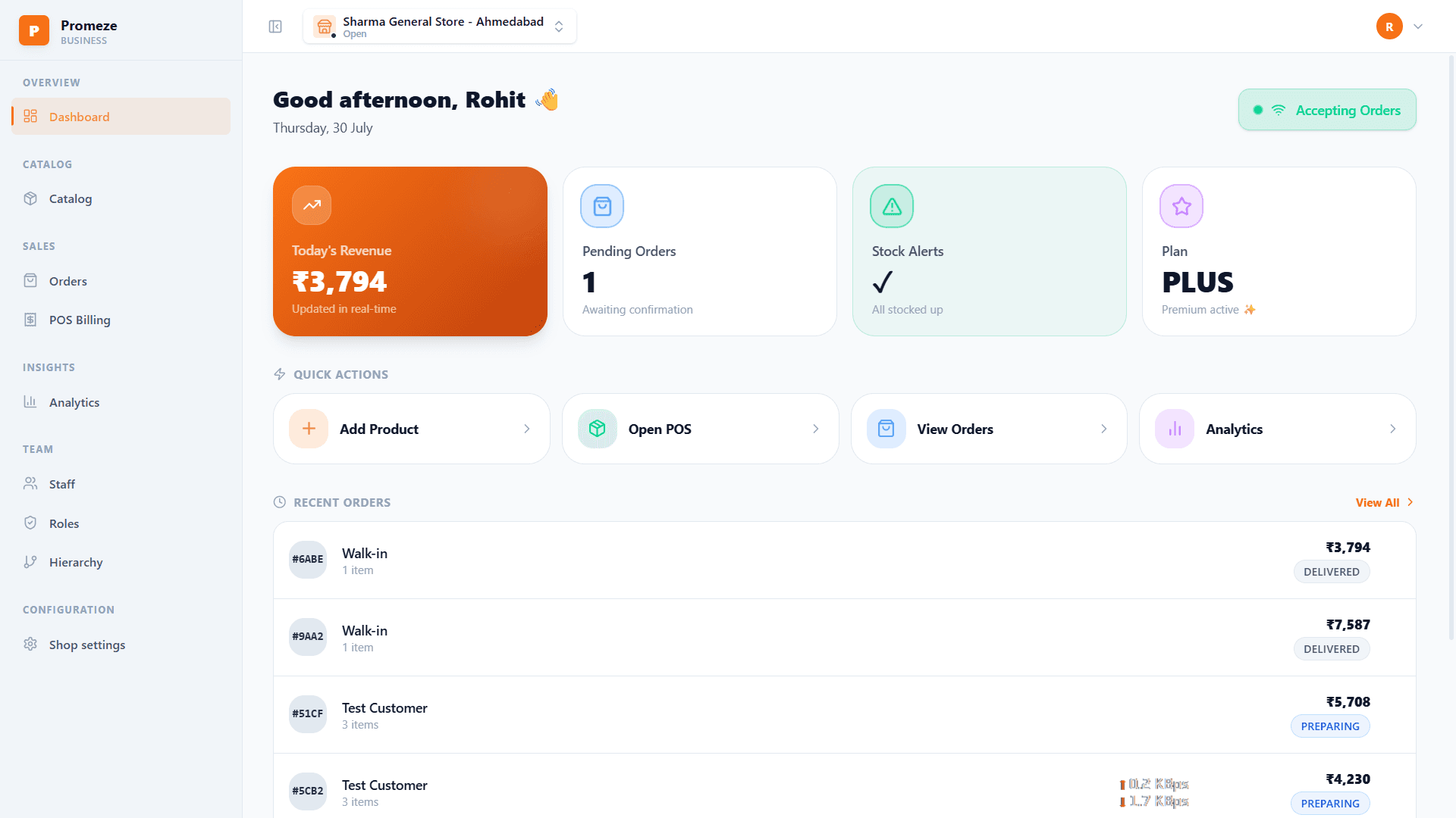 The Promeze Business dashboard, showing today's sales, pending orders, stock alerts and recent orders